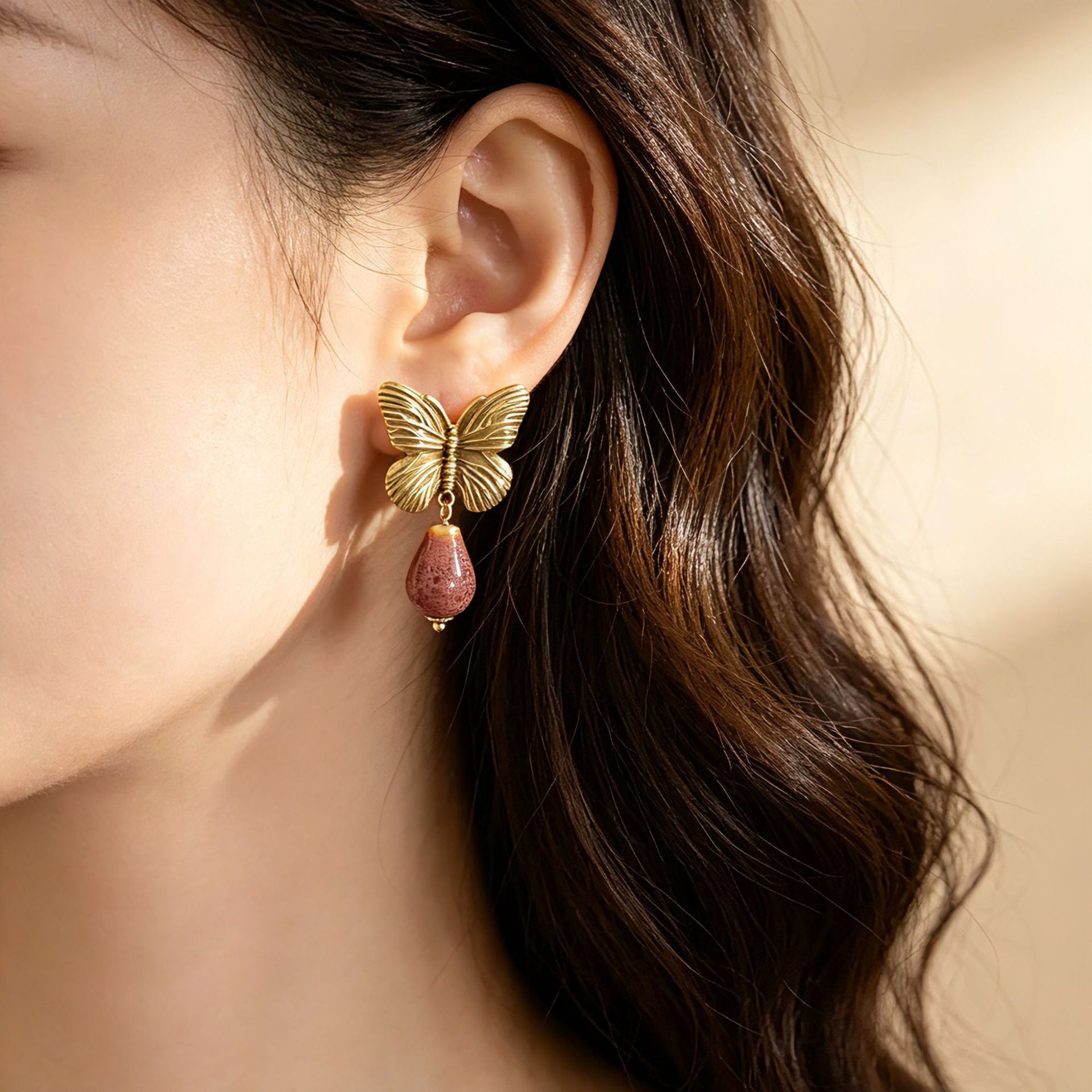 Butterfly Stud Earrings For Women In Brown With Natural Stone Inlay, Featuring 925 Sterling Silver Posts And Zinc Alloy Design