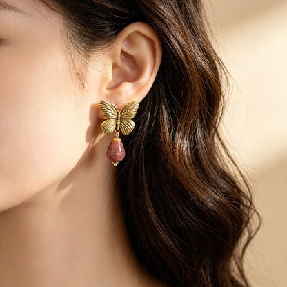 Butterfly Stud Earrings For Women In Brown With Natural Stone Inlay, Featuring 925 Sterling Silver Posts And Zinc Alloy Design