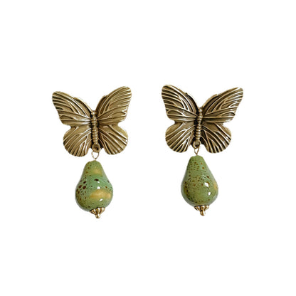 Butterfly Stud Earrings For Women In Brown With Natural Stone Inlay, Featuring 925 Sterling Silver Posts And Zinc Alloy Design