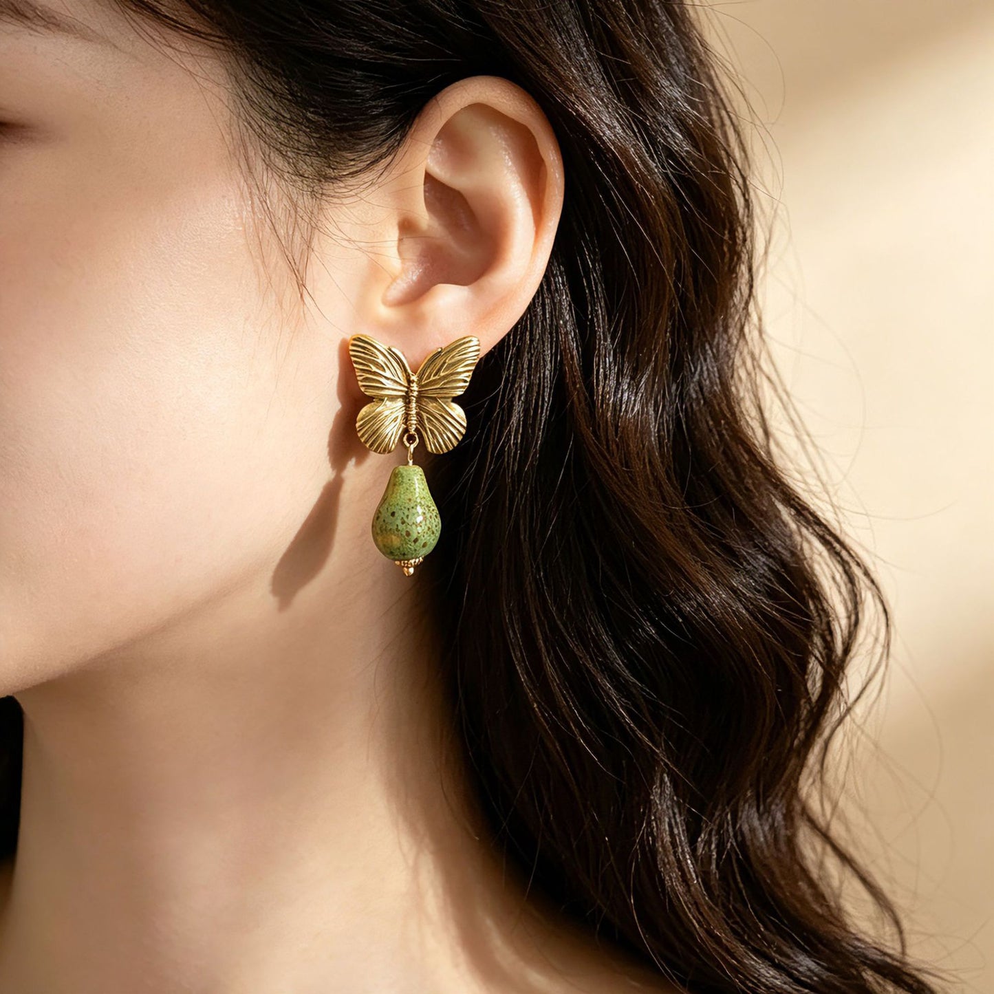 Butterfly Stud Earrings For Women In Brown With Natural Stone Inlay, Featuring 925 Sterling Silver Posts And Zinc Alloy Design