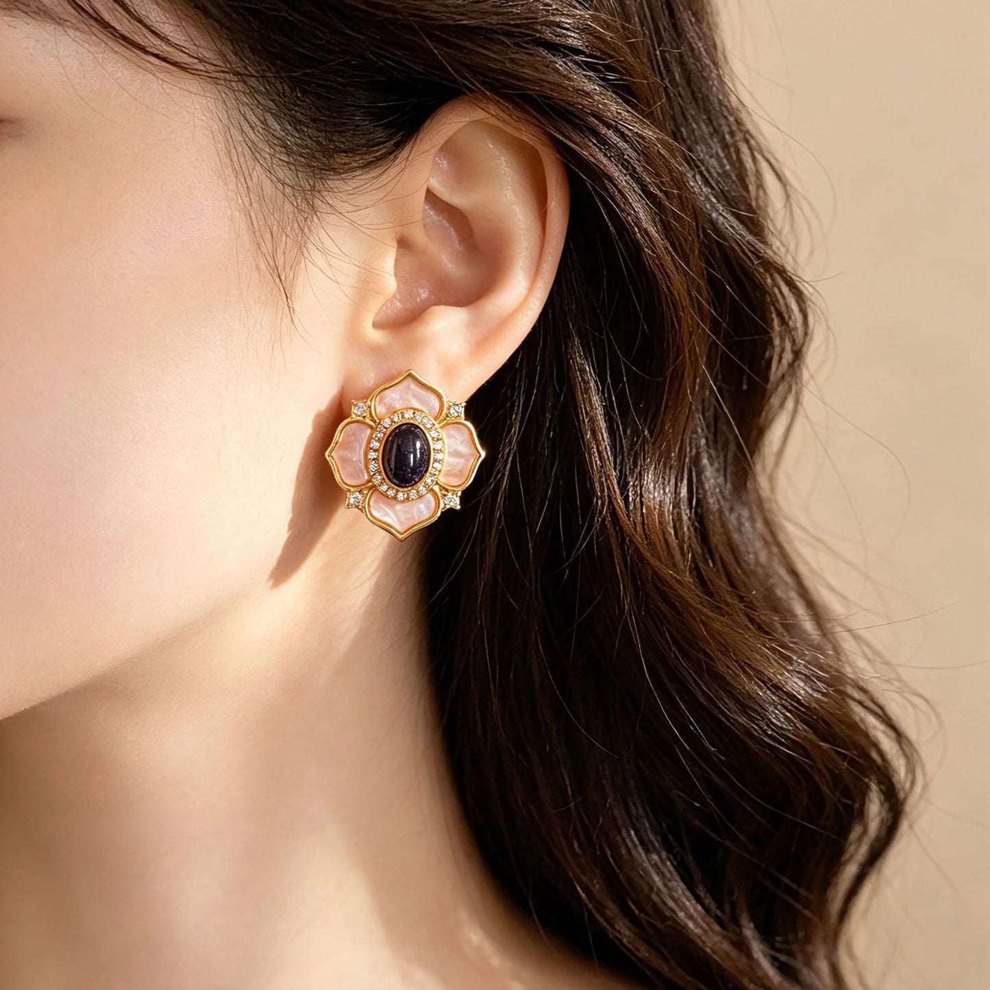 Natural Pink Flowers Stud Earrings For Unisex Featuring 925 Sterling Silver Posts And Mother-of-pearl Shell Inlay In Zinc Alloy