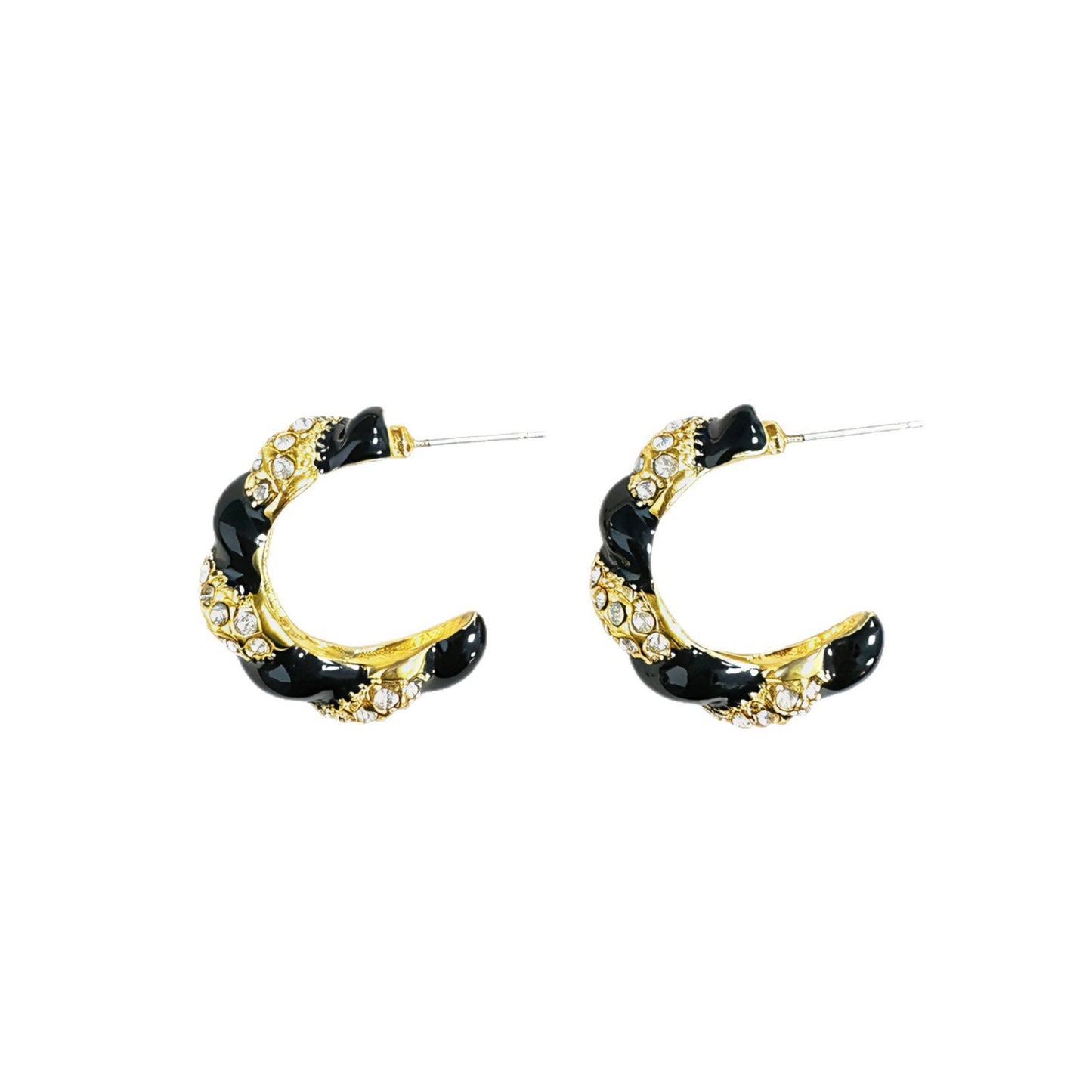 C Shape Unisex Stud Earrings With Enamel, Dyed Black Zinc Alloy, Rhinestones Inlay, 925 Sterling Silver Ear Pins