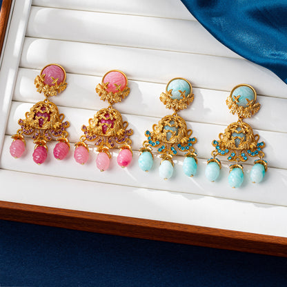 Baroque Style Flowers Earrings For Unisex Featuring Natural Pink Zinc Alloy Carving Stud Earrings
