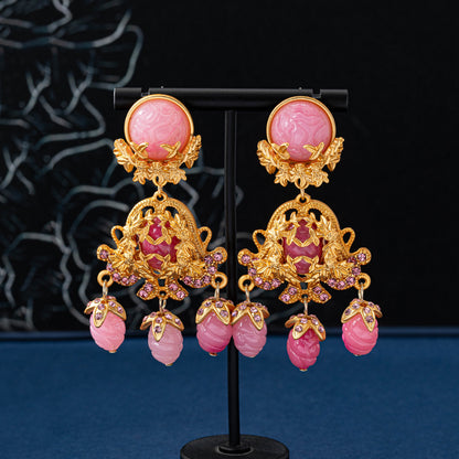 Baroque Style Flowers Earrings For Unisex Featuring Natural Pink Zinc Alloy Carving Stud Earrings