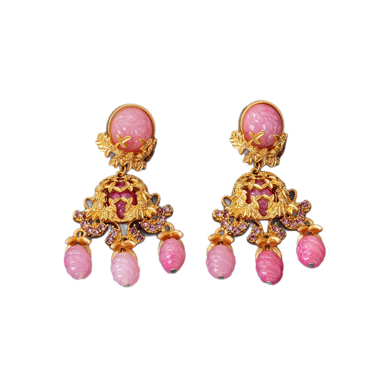 Baroque Style Flowers Earrings For Unisex Featuring Natural Pink Zinc Alloy Carving Stud Earrings