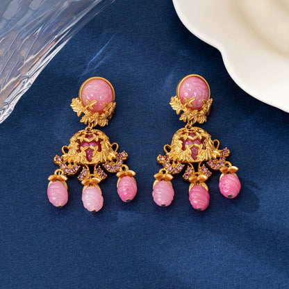 Baroque Style Flowers Earrings For Unisex Featuring Natural Pink Zinc Alloy Carving Stud Earrings