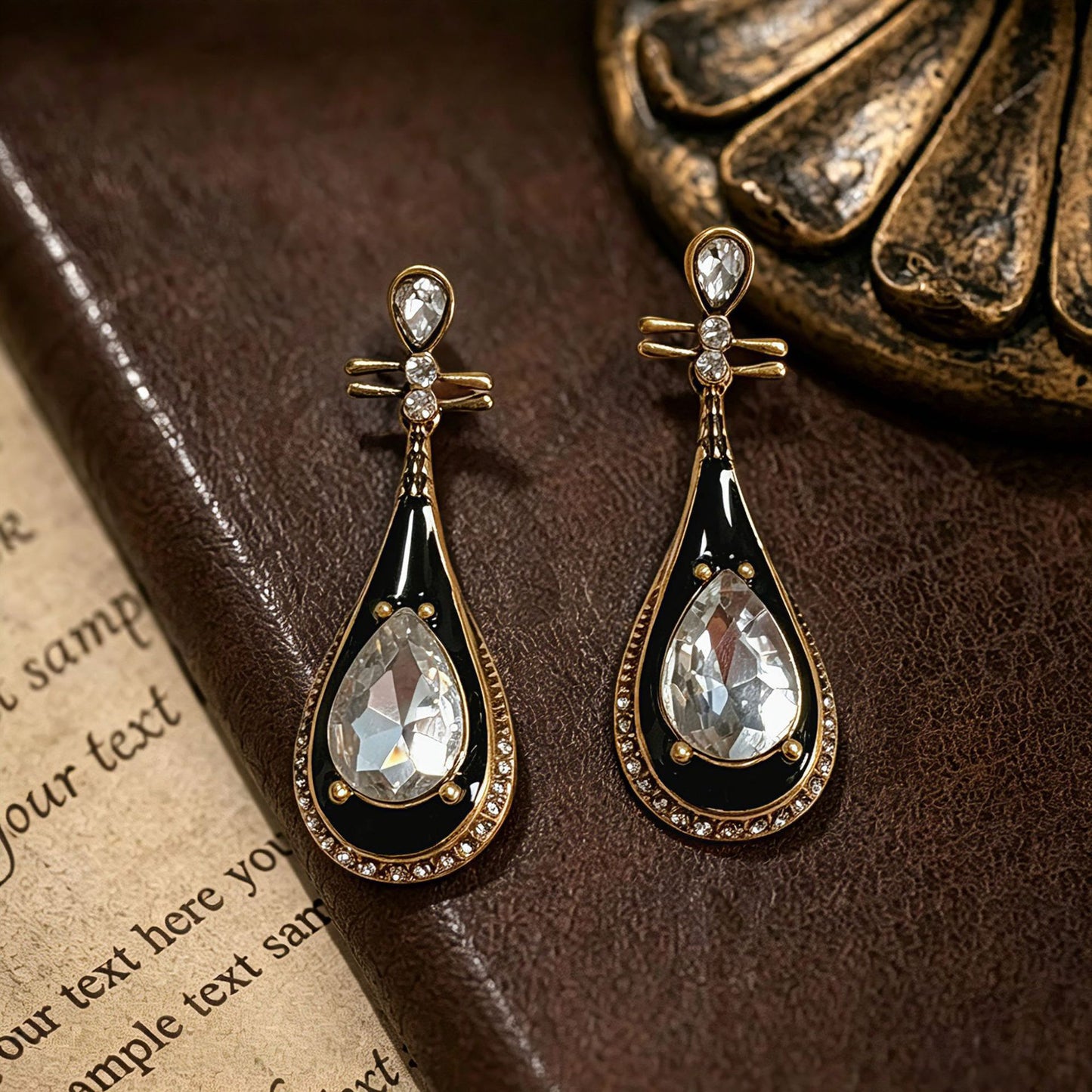 Water Droplets Stud Earrings For Women In Dyed Black Enamel With Rhinestones, Featuring 925 Sterling Silver Posts And Zinc Alloy Craft