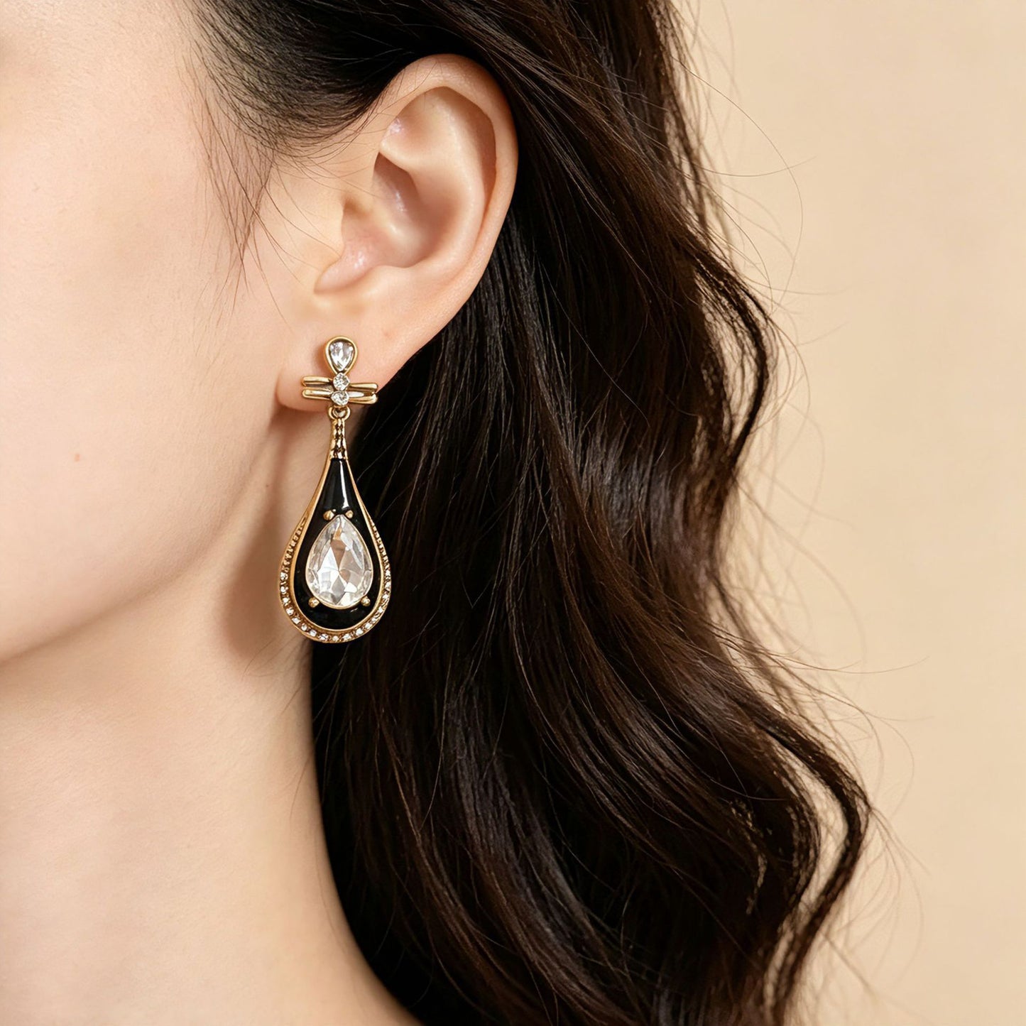 Water Droplets Stud Earrings For Women In Dyed Black Enamel With Rhinestones, Featuring 925 Sterling Silver Posts And Zinc Alloy Craft
