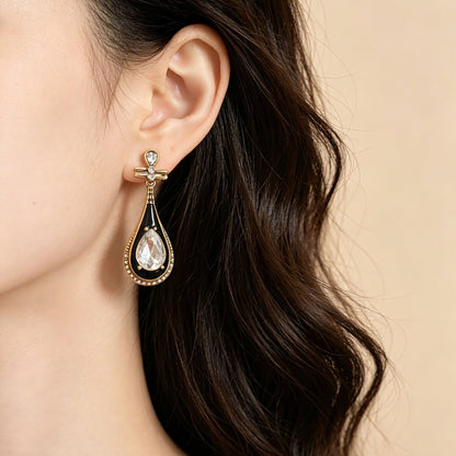 Water Droplets Stud Earrings For Women In Dyed Black Enamel With Rhinestones, Featuring 925 Sterling Silver Posts And Zinc Alloy Craft
