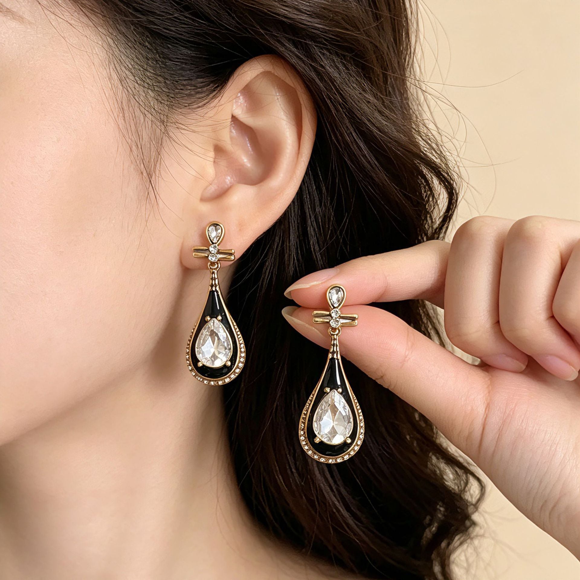 Water Droplets Stud Earrings For Women In Dyed Black Enamel With Rhinestones, Featuring 925 Sterling Silver Posts And Zinc Alloy Craft