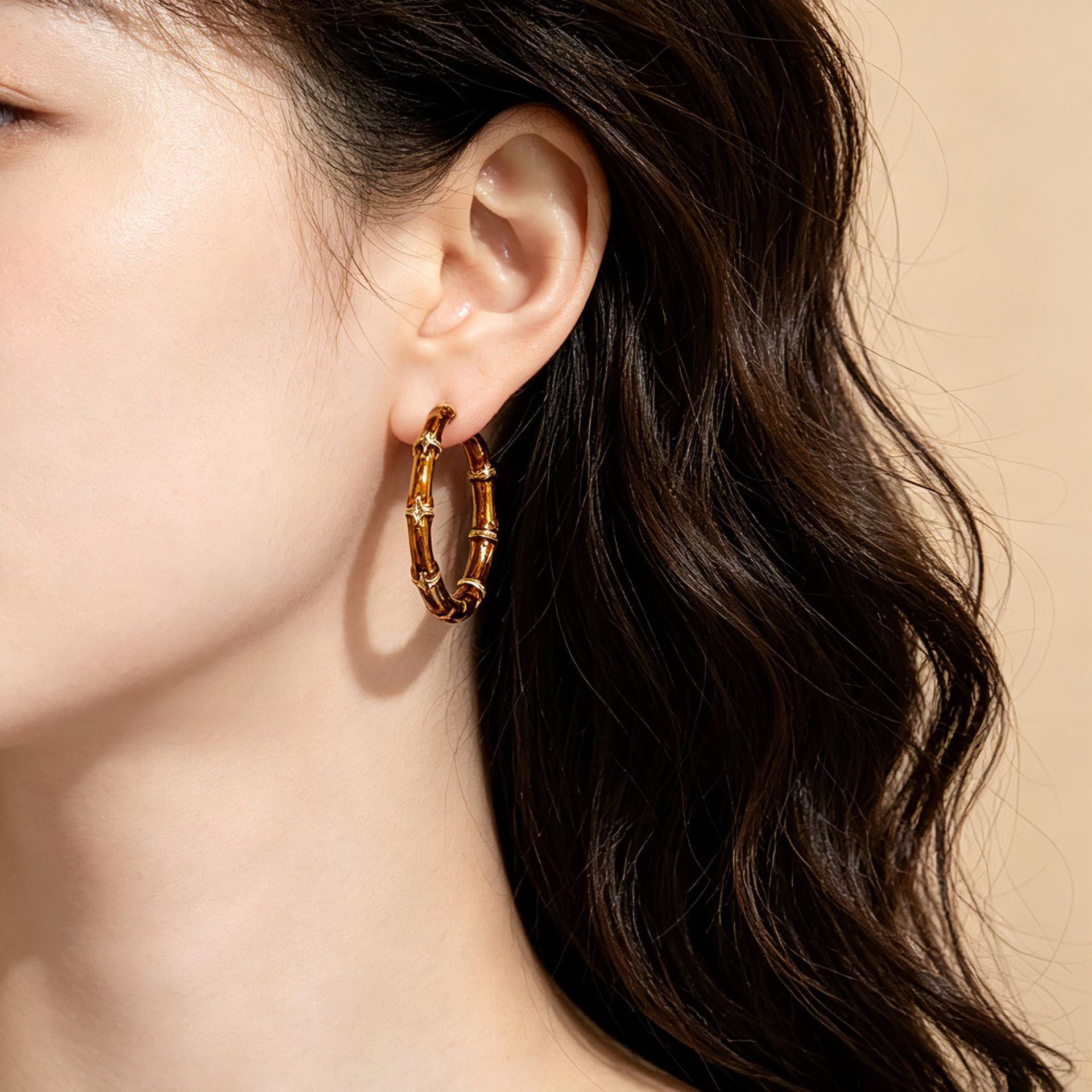 Bamboo Hoop Earrings For Unisex Featuring Enamel Craft And Alloy Material With 925 Sterling Silver Studs In Silver