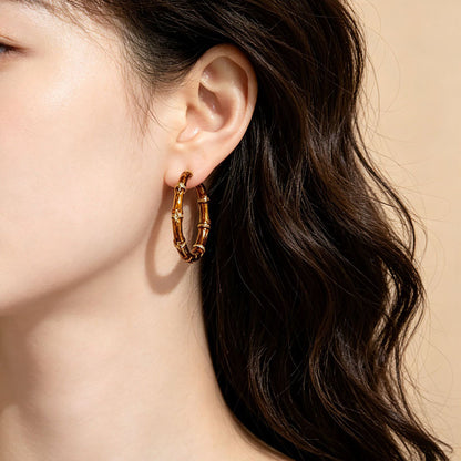 Bamboo Hoop Earrings For Unisex Featuring Enamel Craft And Alloy Material With 925 Sterling Silver Studs In Silver
