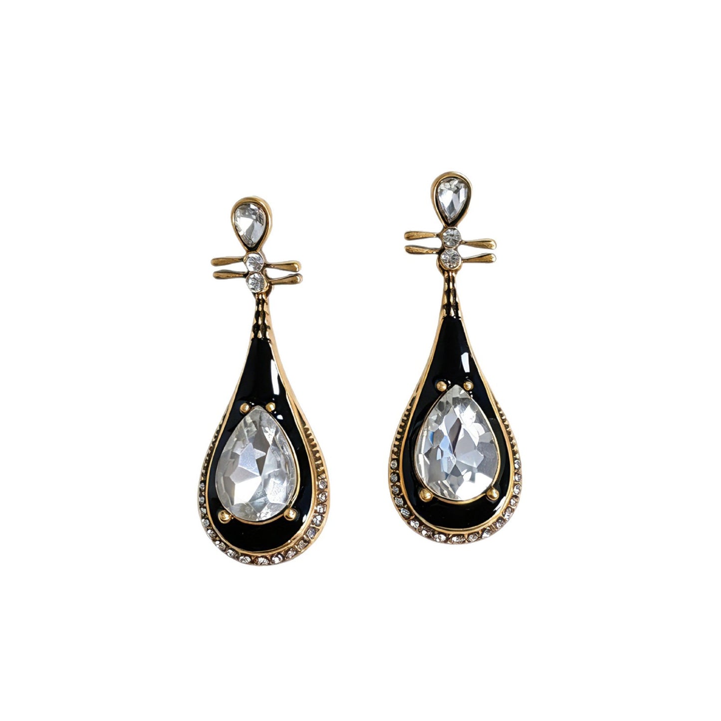 Water Droplets Stud Earrings For Women In Dyed Black Enamel With Rhinestones, Featuring 925 Sterling Silver Posts And Zinc Alloy Craft