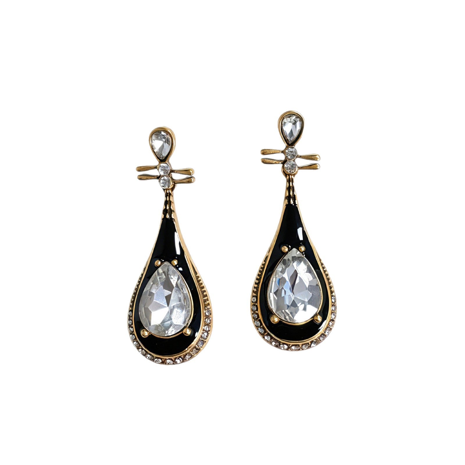 Water Droplets Stud Earrings For Women In Dyed Black Enamel With Rhinestones, Featuring 925 Sterling Silver Posts And Zinc Alloy Craft
