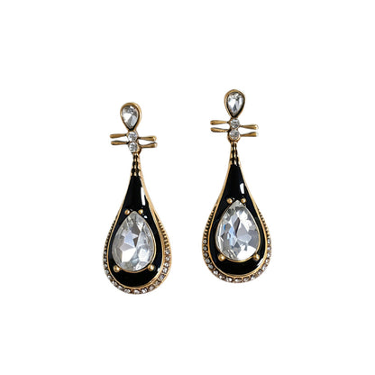 Water Droplets Stud Earrings For Women In Dyed Black Enamel With Rhinestones, Featuring 925 Sterling Silver Posts And Zinc Alloy Craft