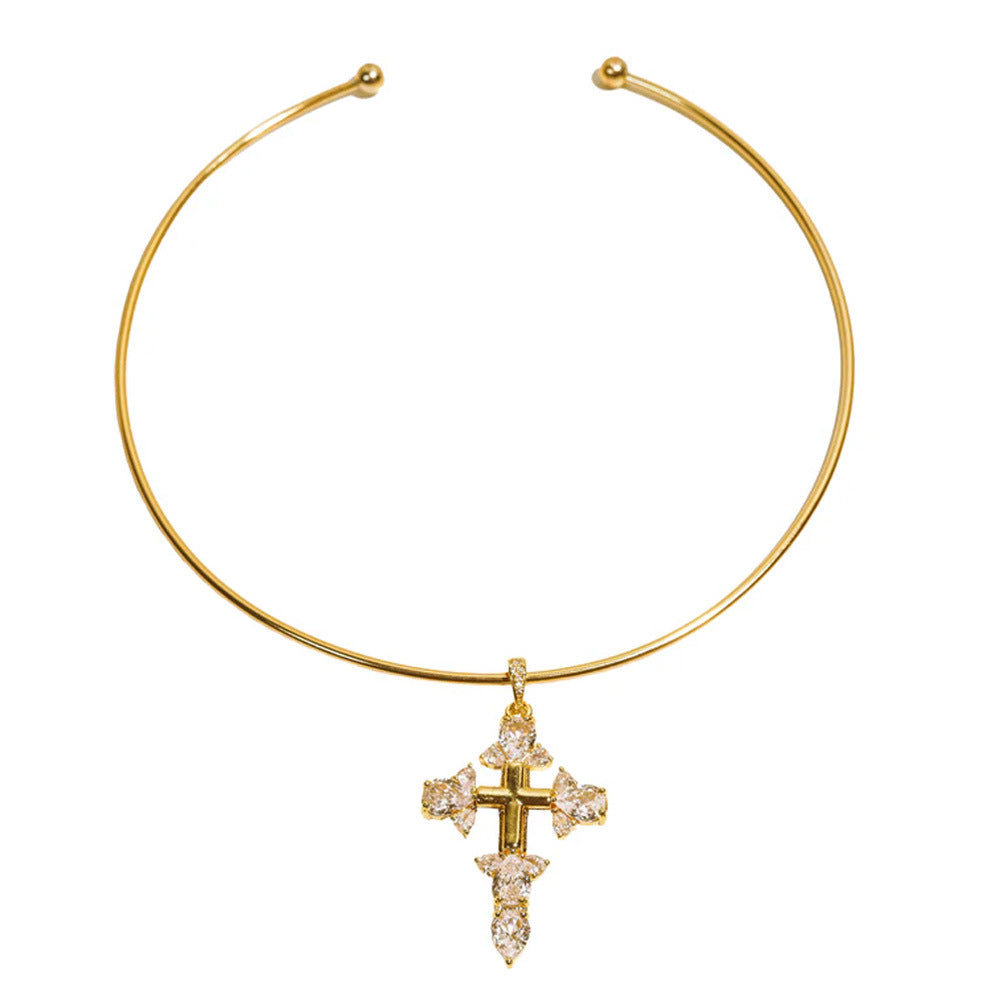 Women’s Alloy Cross Choker Necklace With Zircon Inlay In Silver