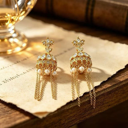 Unisex Ethnic Style Bell Tassel Drop Earrings In Yellow With Artificial Pearl Inlay, Made Of Zinc Alloy