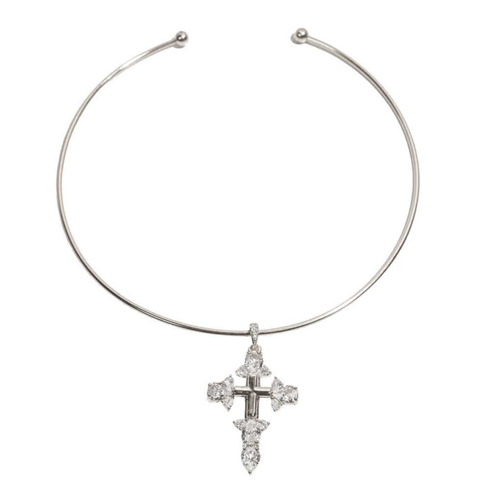 Women’s Alloy Cross Choker Necklace With Zircon Inlay In Silver