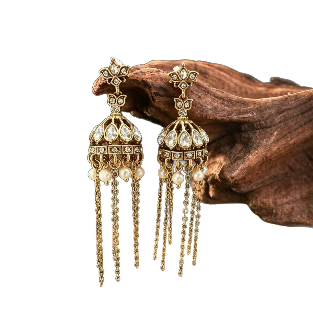 Unisex Ethnic Style Bell Tassel Drop Earrings In Yellow With Artificial Pearl Inlay, Made Of Zinc Alloy