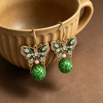 Retro Butterfly Ear Hook For Unisex Featuring Green Enamel And Zinc Alloy Material