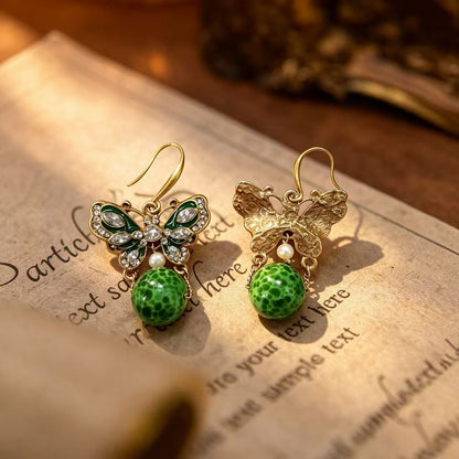 Retro Butterfly Ear Hook For Unisex Featuring Green Enamel And Zinc Alloy Material