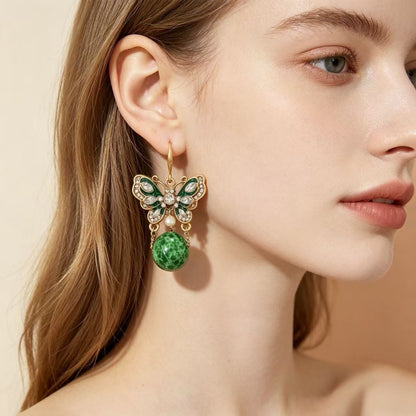 Retro Butterfly Ear Hook For Unisex Featuring Green Enamel And Zinc Alloy Material