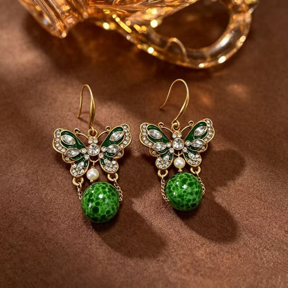 Retro Butterfly Ear Hook For Unisex Featuring Green Enamel And Zinc Alloy Material