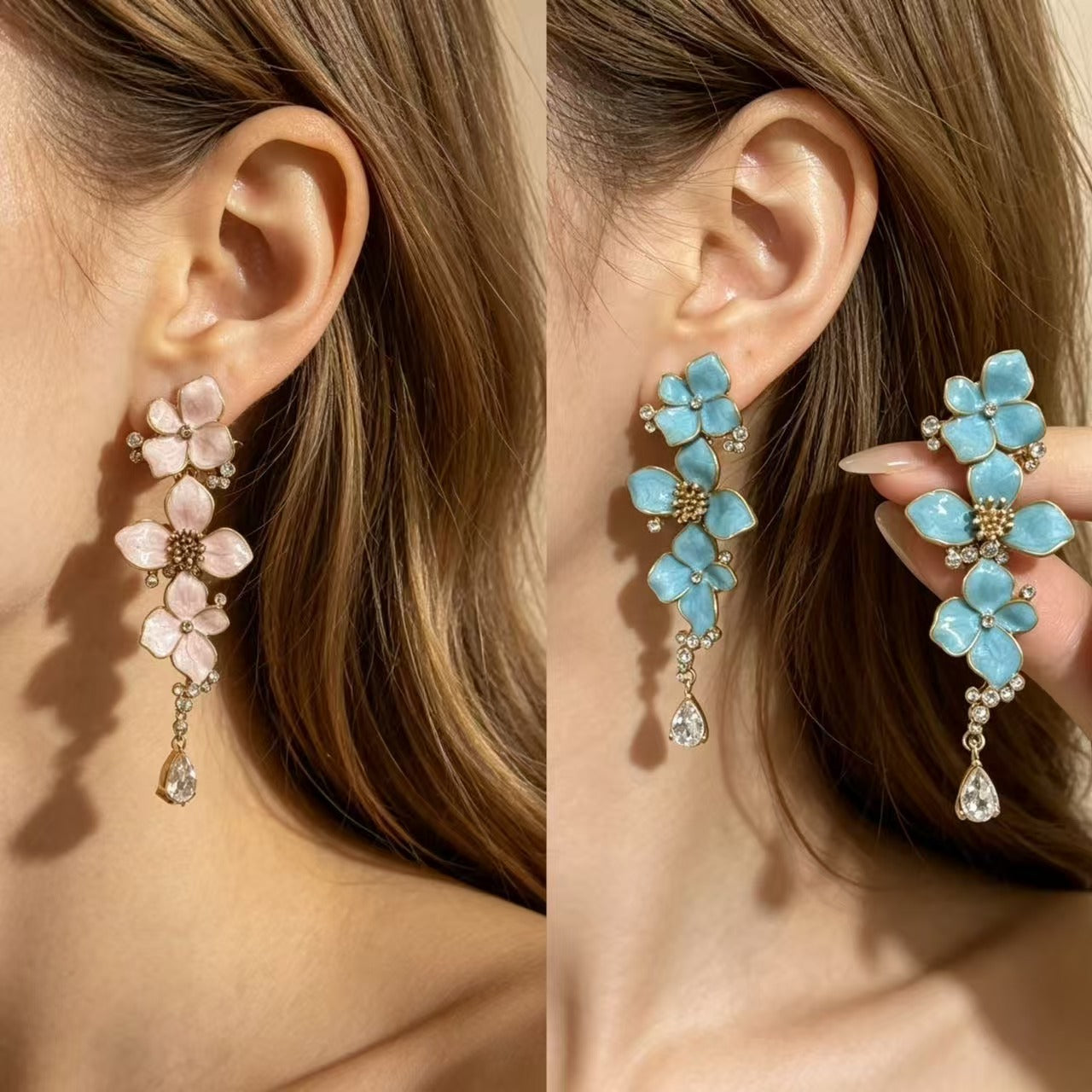 Flowers For Unisex Earrings Featuring Natural Pink Enamel And Rhinestones, Zinc Alloy With 925 Sterling Silver Studs