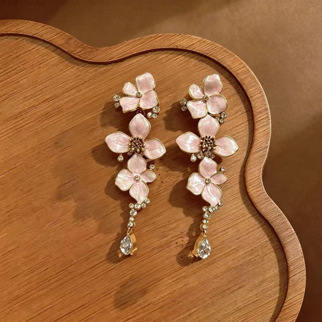 Flowers For Unisex Earrings Featuring Natural Pink Enamel And Rhinestones, Zinc Alloy With 925 Sterling Silver Studs