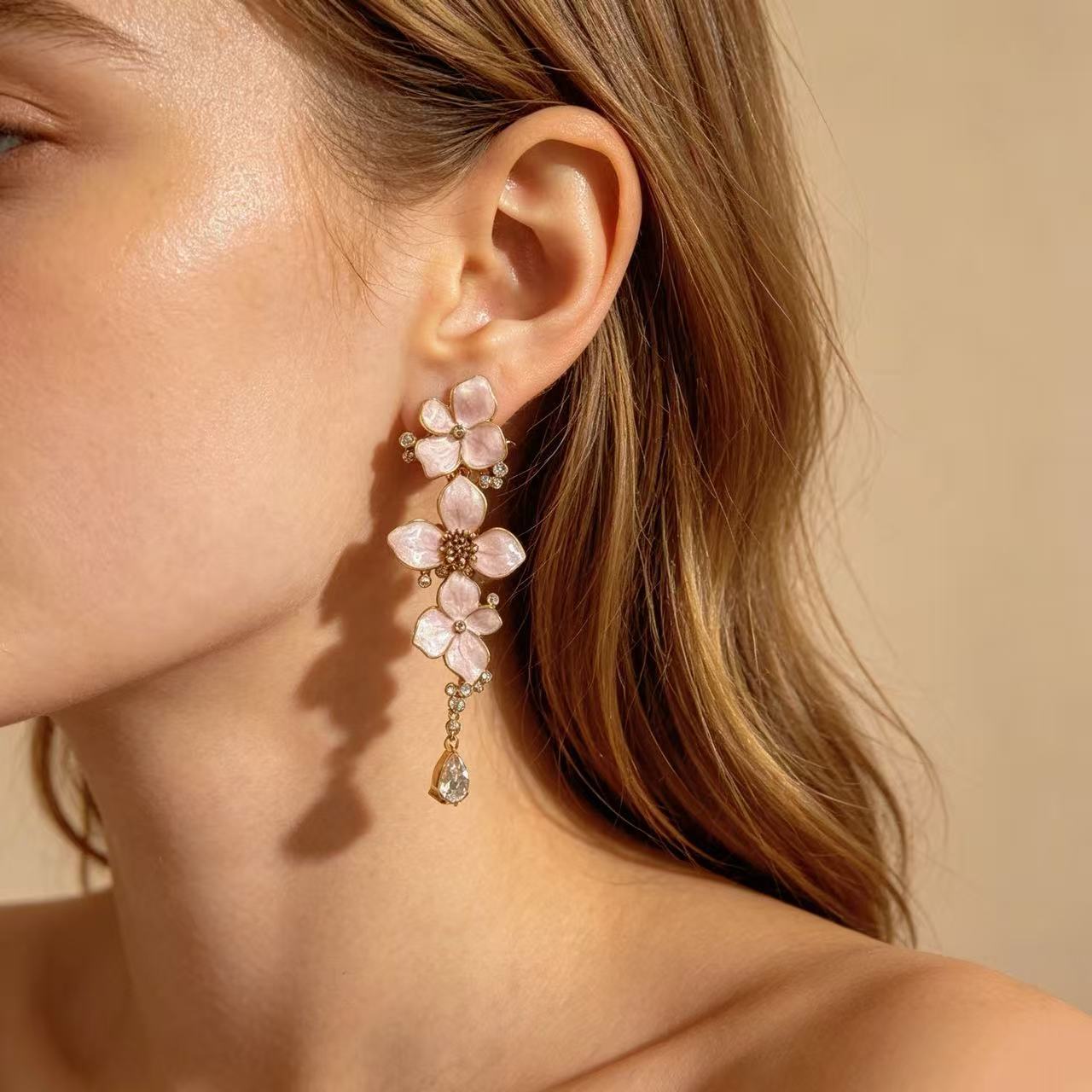 Flowers For Unisex Earrings Featuring Natural Pink Enamel And Rhinestones, Zinc Alloy With 925 Sterling Silver Studs