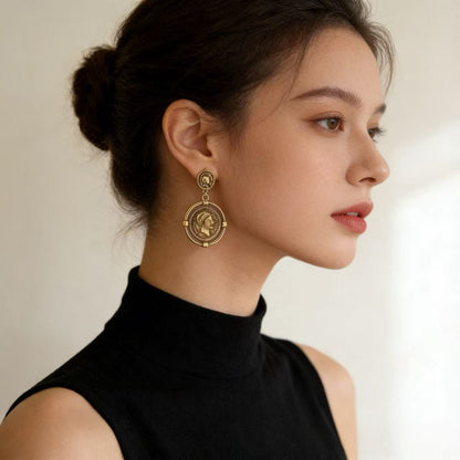 Gold Portrait Stud Earrings For Women Featuring 925 Sterling Silver Metal In Retro Style