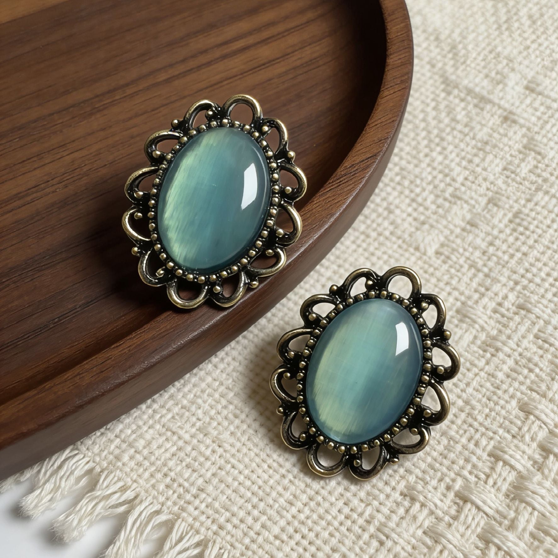 Blue Flower Stud Earrings For Women Featuring Carving Craft With Cat's Eye Stone Inlay And 925 Sterling Silver Posts