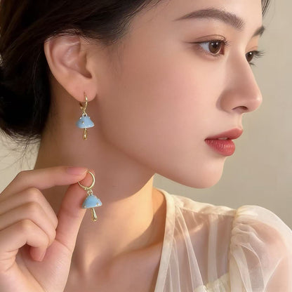 Mushroom For Unisex Enamel Alloy Clip Earrings In Blue Featuring Ethnic Style Design