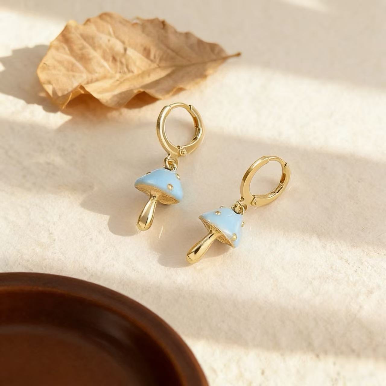 Mushroom For Unisex Enamel Alloy Clip Earrings In Blue Featuring Ethnic Style Design