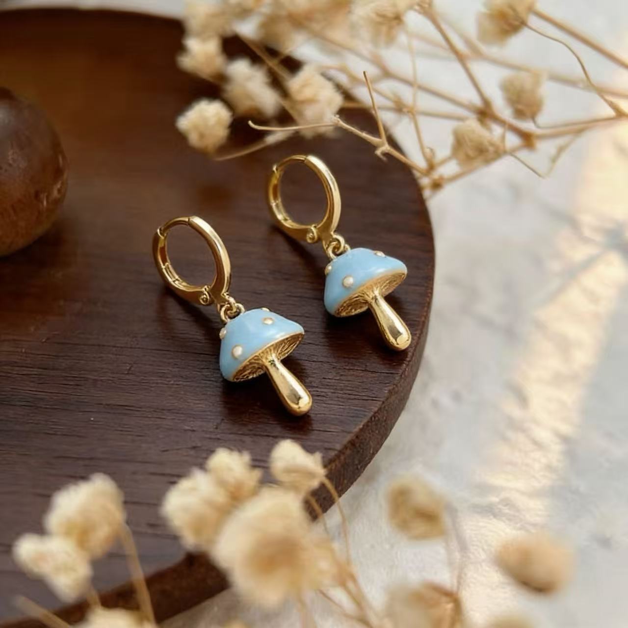 Mushroom For Unisex Enamel Alloy Clip Earrings In Blue Featuring Ethnic Style Design