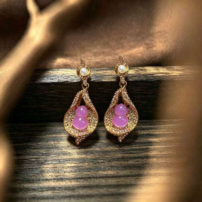 Gourd Earrings For Women In Natural Pink Featuring Zinc Alloy With Rhinestones And 925 Sterling Silver Studs