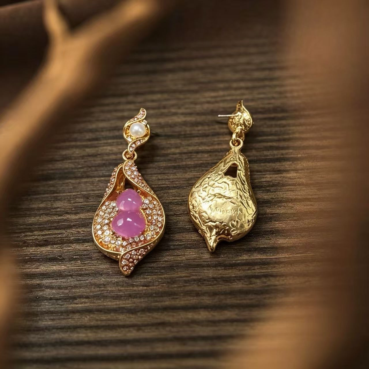Gourd Earrings For Women In Natural Pink Featuring Zinc Alloy With Rhinestones And 925 Sterling Silver Studs