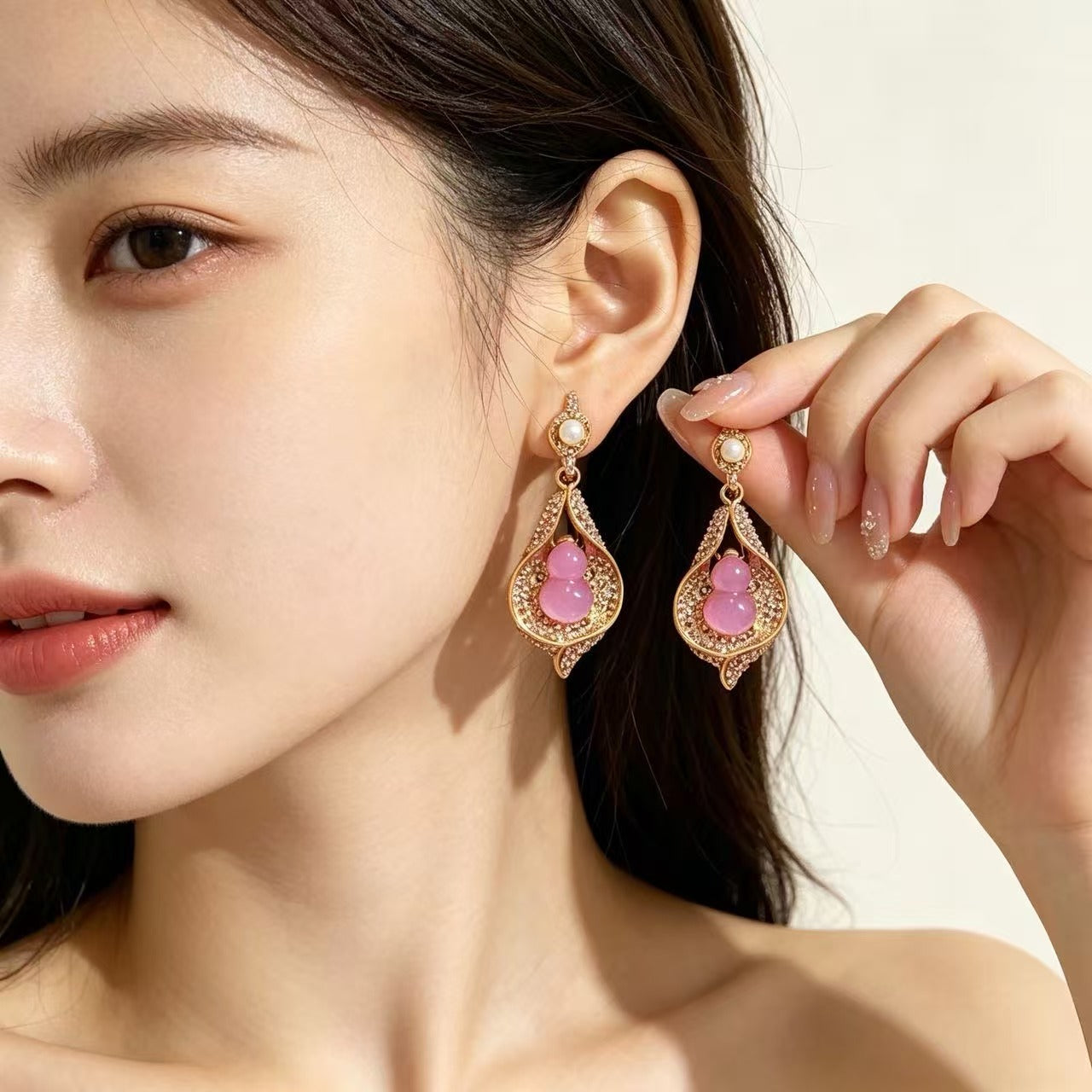 Gourd Earrings For Women In Natural Pink Featuring Zinc Alloy With Rhinestones And 925 Sterling Silver Studs