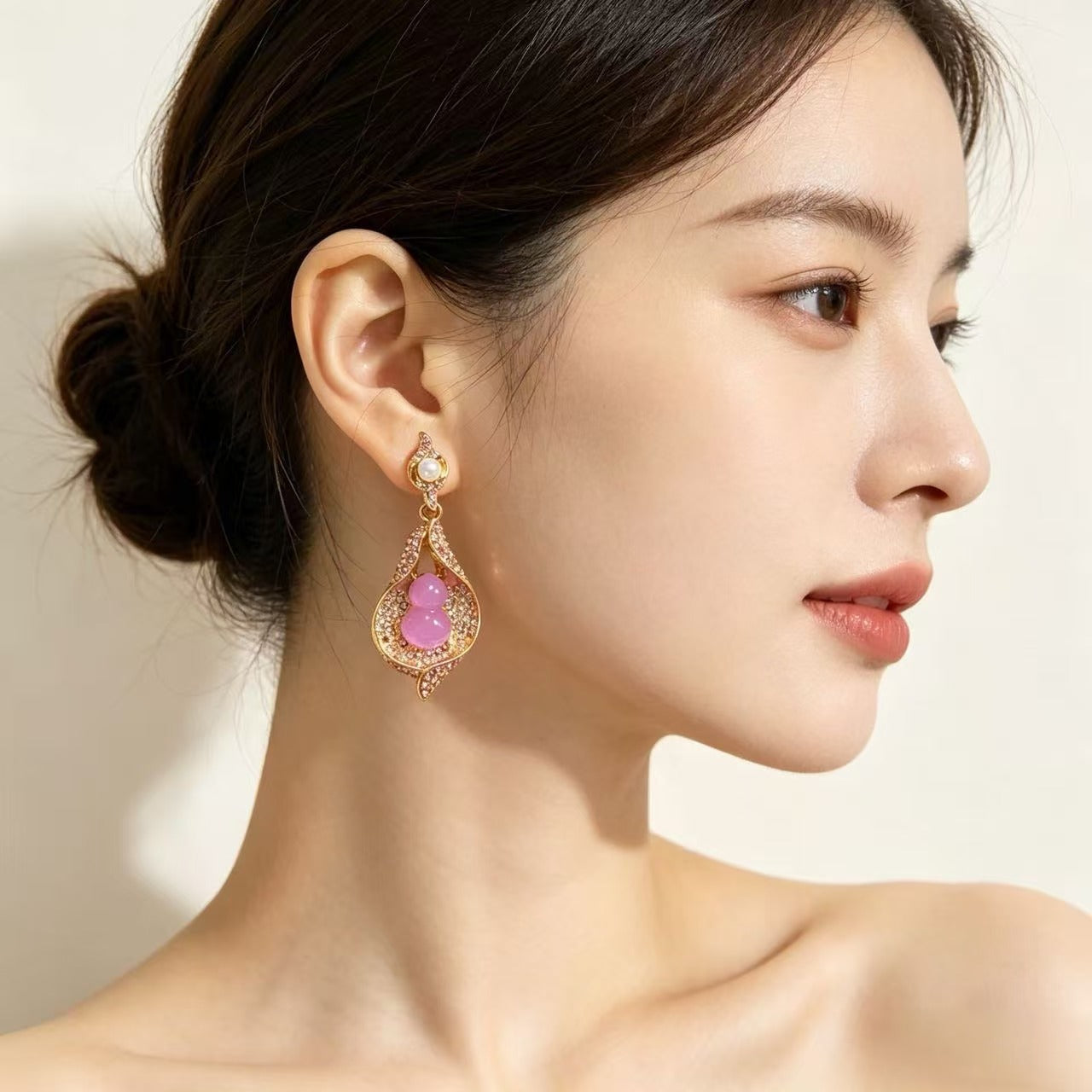 Gourd Earrings For Women In Natural Pink Featuring Zinc Alloy With Rhinestones And 925 Sterling Silver Studs