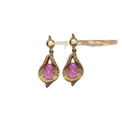 Gourd Earrings For Women In Natural Pink Featuring Zinc Alloy With Rhinestones And 925 Sterling Silver Studs