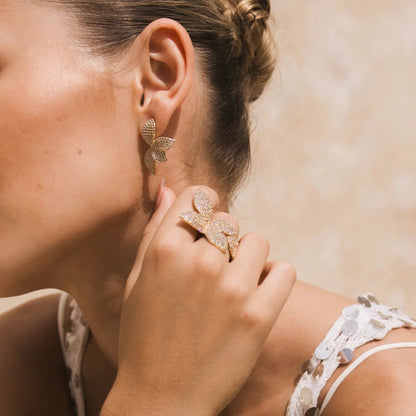 Silver Petal Earrings For Women In Alloy With Rhinestones, Electroplated Finish And 304 Stainless Steel Posts