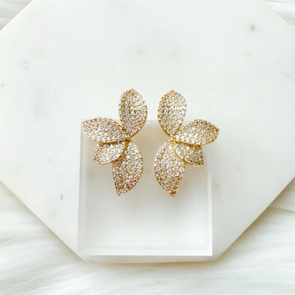 Silver Petal Earrings For Women In Alloy With Rhinestones, Electroplated Finish And 304 Stainless Steel Posts