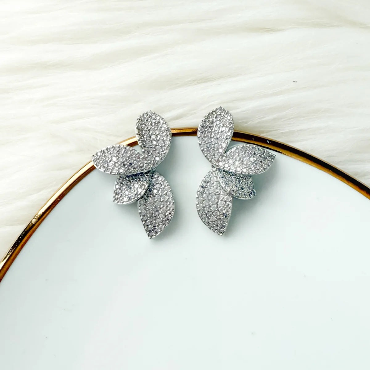 Silver Petal Earrings For Women In Alloy With Rhinestones, Electroplated Finish And 304 Stainless Steel Posts