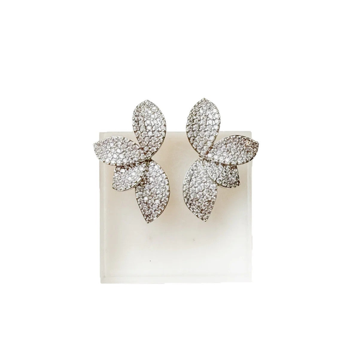 Silver Petal Earrings For Women In Alloy With Rhinestones, Electroplated Finish And 304 Stainless Steel Posts