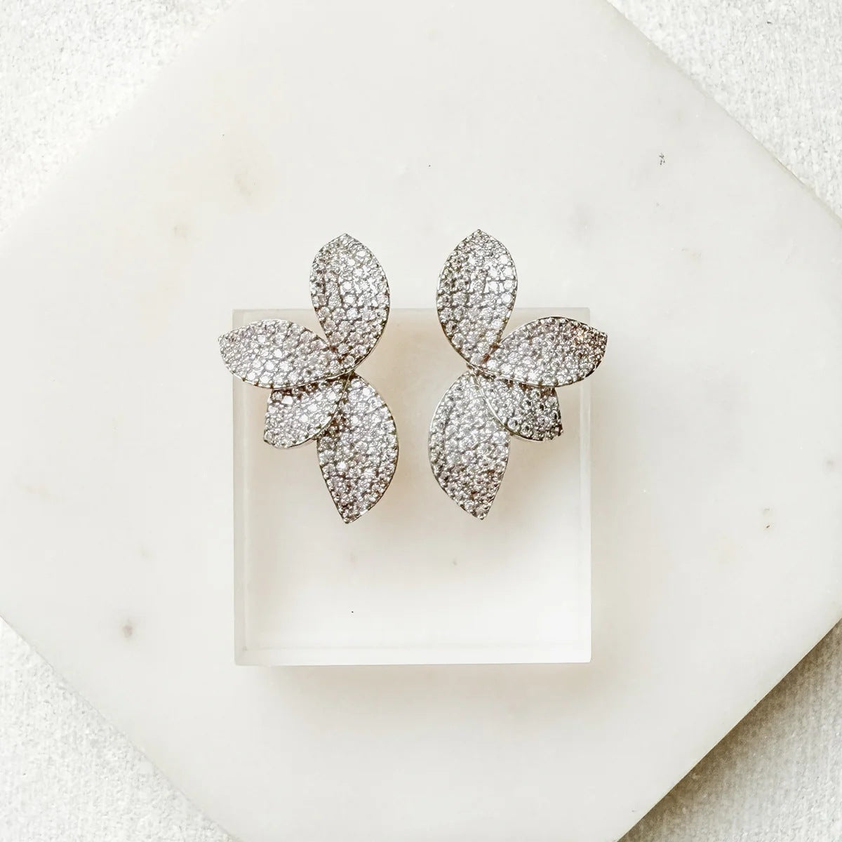Silver Petal Earrings For Women In Alloy With Rhinestones, Electroplated Finish And 304 Stainless Steel Posts