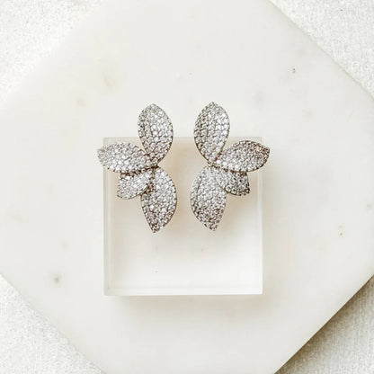 Silver Petal Earrings For Women In Alloy With Rhinestones, Electroplated Finish And 304 Stainless Steel Posts