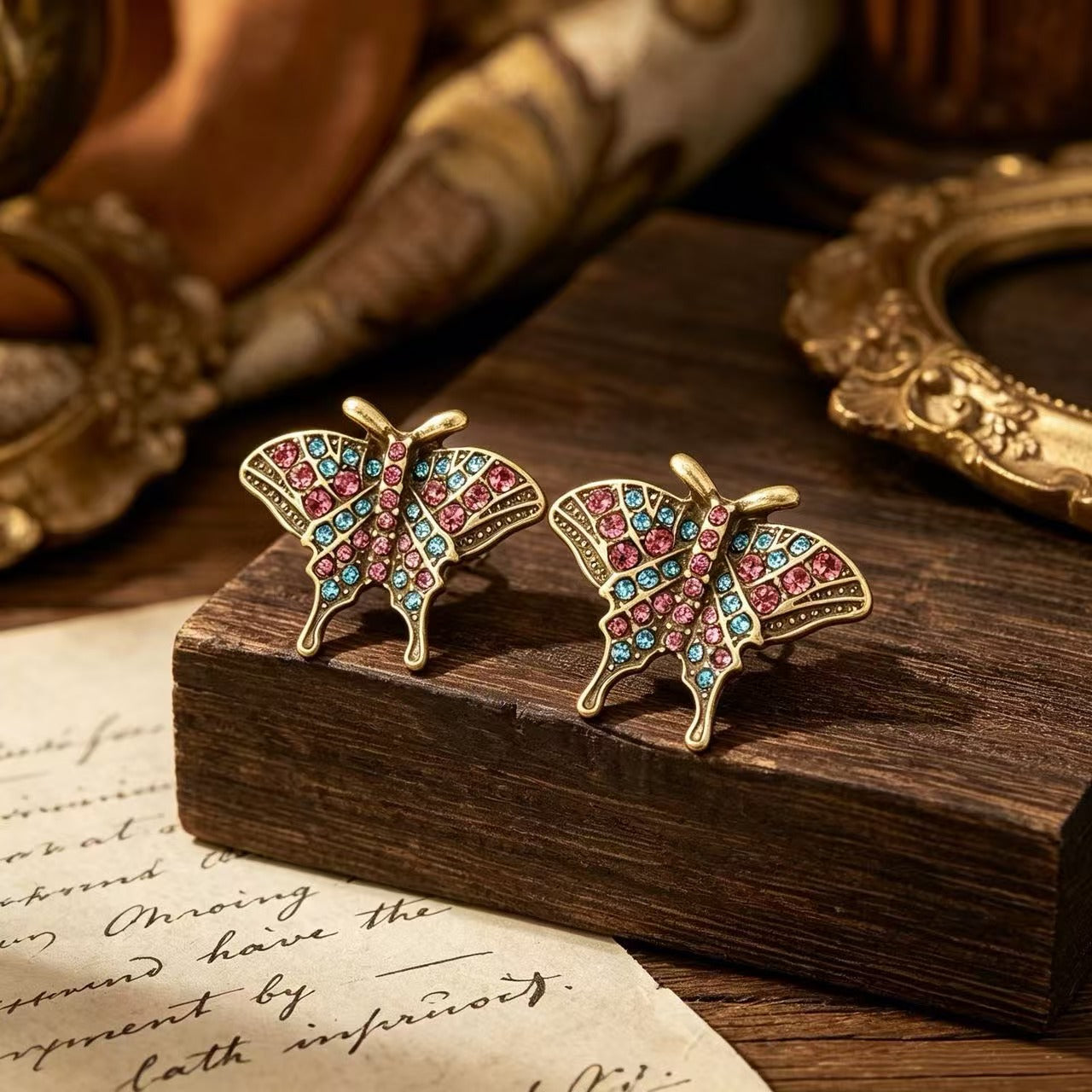 Butterfly Stud Earrings For Unisex Featuring Natural Pink Rhinestones With 925 Sterling Silver Posts And Zinc Alloy Design