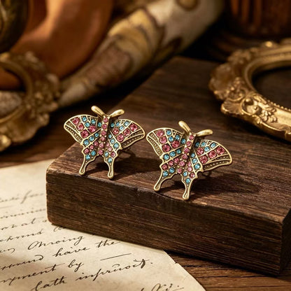 Butterfly Stud Earrings For Unisex Featuring Natural Pink Rhinestones With 925 Sterling Silver Posts And Zinc Alloy Design