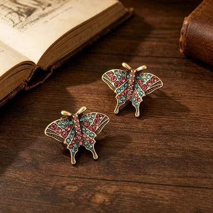 Butterfly Stud Earrings For Unisex Featuring Natural Pink Rhinestones With 925 Sterling Silver Posts And Zinc Alloy Design