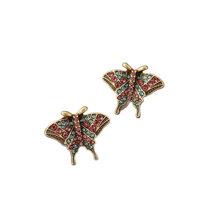Butterfly Stud Earrings For Unisex Featuring Natural Pink Rhinestones With 925 Sterling Silver Posts And Zinc Alloy Design